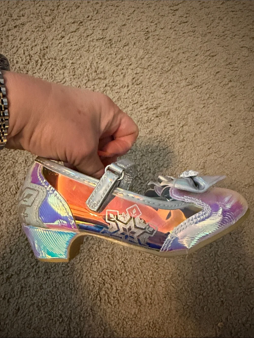 Disney Girls' Holographic Silver Frozen Heels with Bow